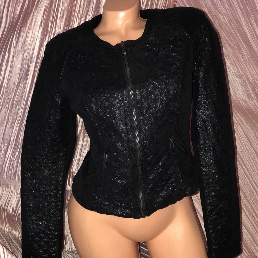 Bebe black blazer jacket zipper motorcycle glitter sparkle suede leather